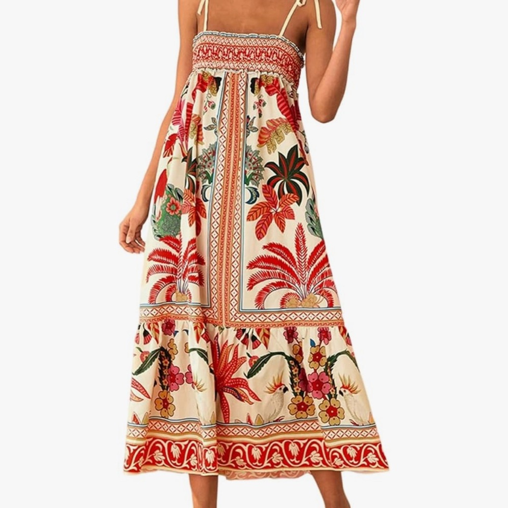 Floral Ruffle Maxi Dress Tropical Tie Shoulder Smocked Size L